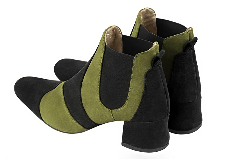 Matt black and pistachio green women's ankle boots, with elastics. Round toe. Low flare heels. Rear view - Florence KOOIJMAN